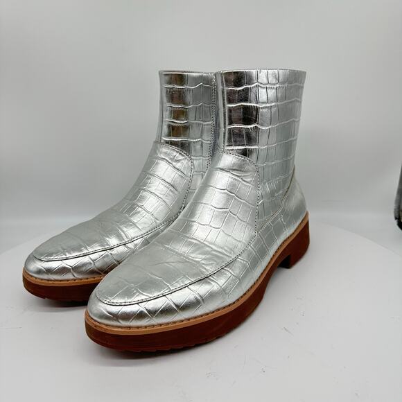 Fitflop Kinbey Croc Embossed Ankle Metallic Silver Boot Shoes Womens Size 6 - Picture 2 of 15